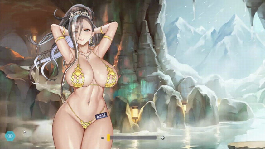 1girls alternate_costume animated armpits arms_up bikini deconstructor_azaz deconstructor_azaz_(muscle-mania_bikini) female female_only gif huge_breasts korean_text last_origin light-skinned_female light_skin official_alternate_costume solo text text_box water