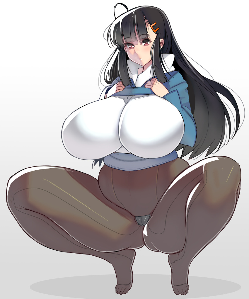 big_breasts black_hair brown_eyes cameltoe female female_only full_body hairclip hime_cut hoodie huge_breasts long_hair masao original pantyhose plump solo spread_legs squatting thick_thighs wide_hips