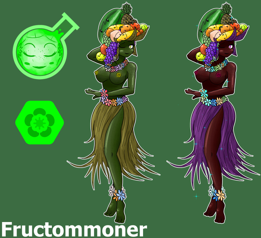 3_fingers anthro big_breasts breasts duo elemental_creature elemental_humanoid female fingers flora_fauna flower food food_creature fruit fruit_hat green_body hi_res hula hula_girl hula_skirt humanoid living_fruit monster_girl_(genre) one_eye_closed plant plant_hair plant_humanoid pseudo_hair rottentuttifrutti solo wink yellow_eyes