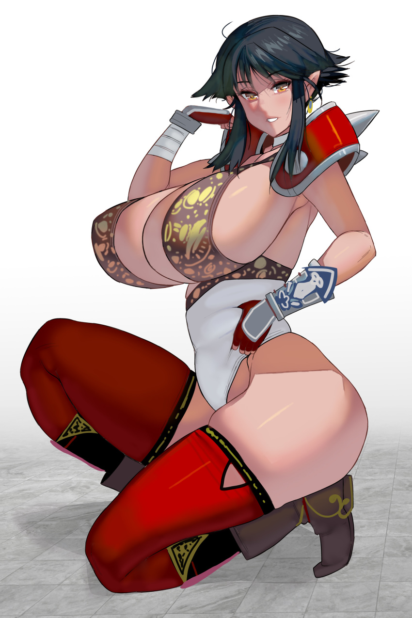 armor belly_grab big_breasts black_hair boots brown_eyes cleavage crouching dark-skinned_female elf female female_only fingerless_gloves full_body huge_breasts leotard looking_at_viewer masao original pauldrons pointy_ears red_thighhighs short_hair short_hair_with_long_locks sideboob smile solo tan_skin thick_thighs thighhighs zettai_ryouiki