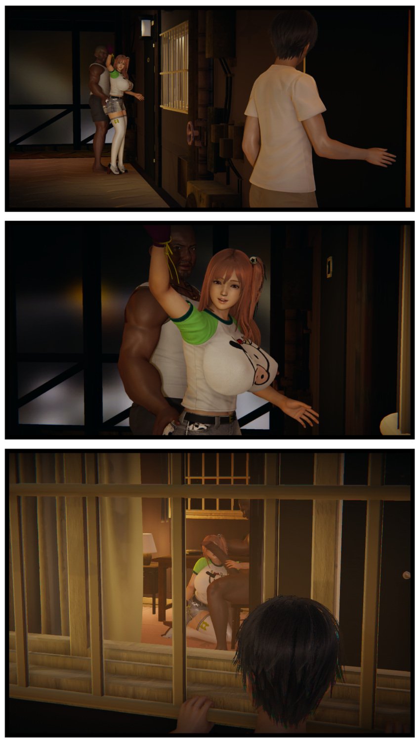 3d dark-skinned_male dead_or_alive honey_select honey_select_2 honey_select_studio_neo honoka_(doa) pink_hair voyeurism