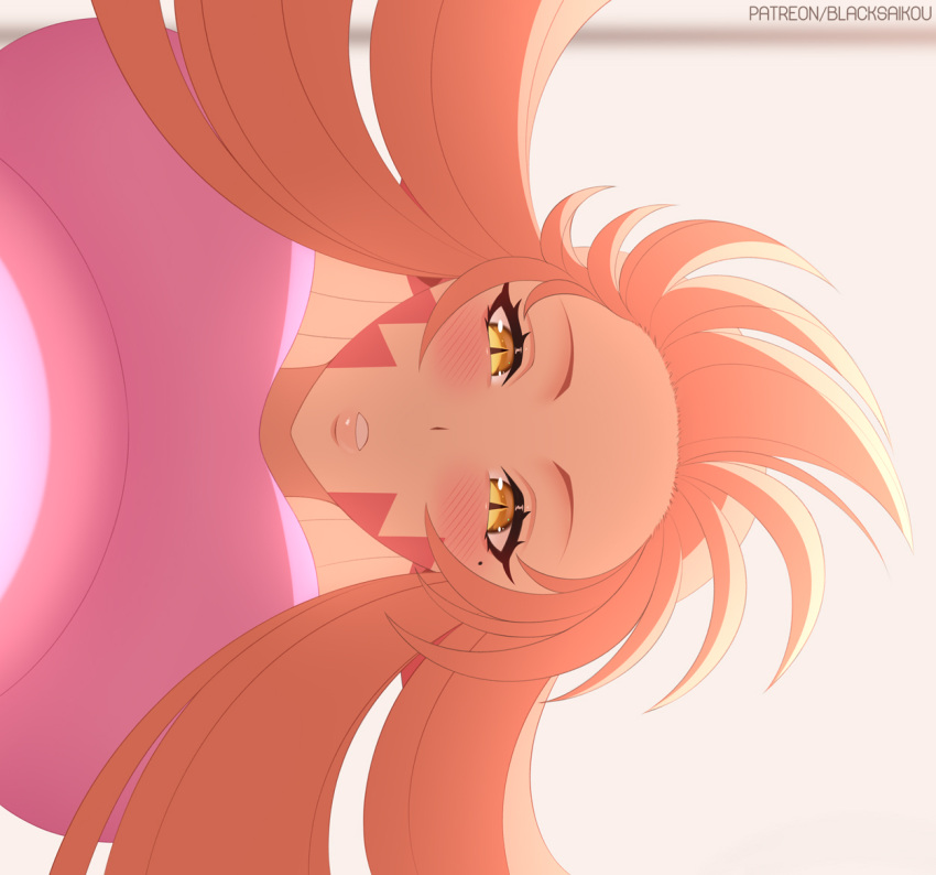 1girls bangs big_breasts blacksaikou blush bottom_view breasts ceiling clothed clothing eyelashes female female_focus female_only hair half-closed_eyes hi_res highres lamia large_breasts light-skinned_female light_skin long_hair looking_at_viewer low-angle_view miia_(monster_musume) monster_girl monster_musume_no_iru_nichijou open_mouth orange_hair pink_shirt red_scales scales shirt simple_background slit_pupils solo solo_female solo_focus teeth viewed_from_below watermark yellow_eyes