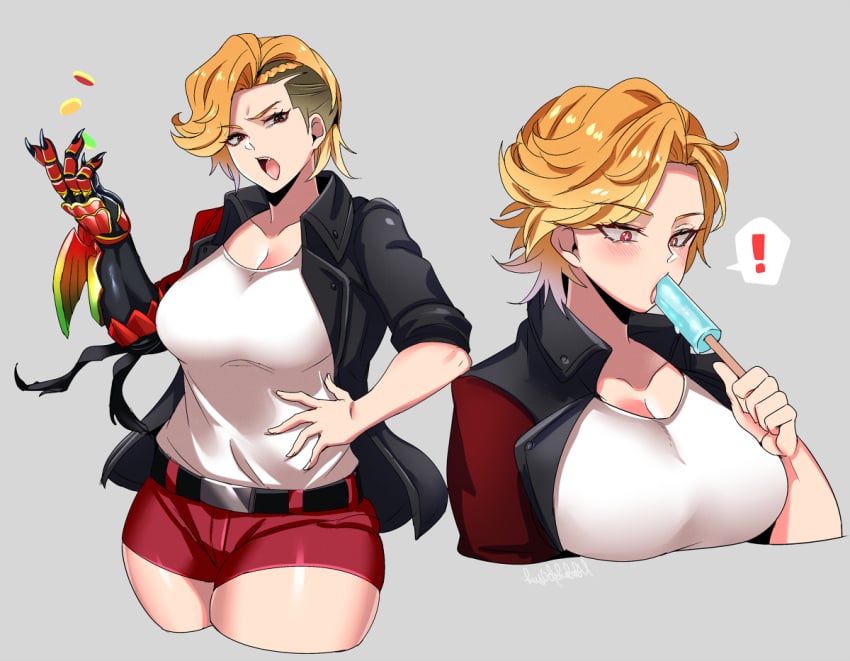 1girls ankh_(kamen_rider_ooo) big_breasts big_thighs blonde_hair genderbend genderbent genderswap genderswap_(mtf) kamen_rider kamen_rider_ooo_(series) popsicle possession rule_63 short_hair shorts side_shave tomboy unusual_pupils