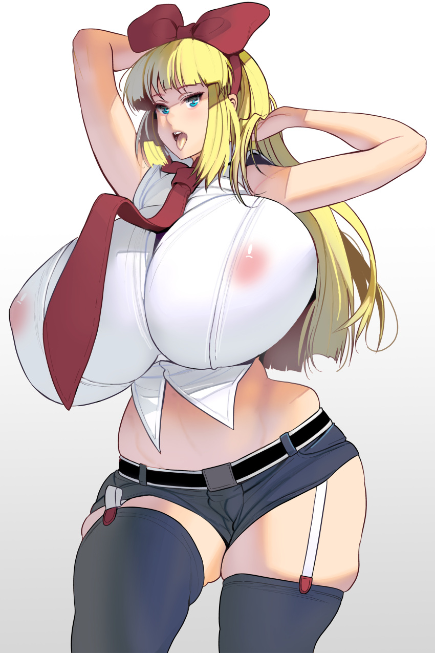 arms_up big_breasts black_legwear black_thighhighs blonde_hair blue_eyes female female_only garter_straps gigantic_breasts hair_ribbon hairband hairbow hands_on_head huge_breasts long_hair masao massive_breasts necktie nipples_visible_through_clothing open_mouth original short_shorts shorts sleeveless solo stockings thick_thighs thighhighs tongue_out wide_hips zettai_ryouiki