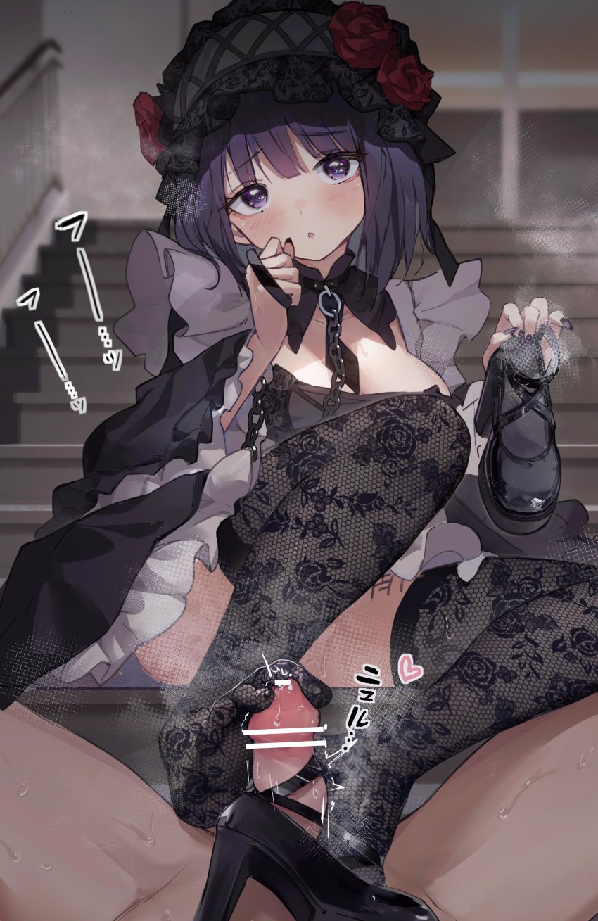 1boy 1girls absurdres bar_censor black_dress black_footwear black_legwear black_necktie blush body_writing breasts censored chain_leash chains cosplay dress erection eyebrows_visible_through_hair feet female flower foot_fetish footjob footwear_fetish hairband high_heels highres holding holding_shoes human indoors kitagawa_marin kuroe_shizuku_(cosplay) large_breasts leash lolita_fashion lolita_hairband long_sleeves looking_at_viewer luelue_zi male nail_polish necktie penis pov purple_eyes purple_hair purple_nails rose shoe_removed shoes sitting solo_focus sono_bisque_doll_wa_koi_wo_suru stairs straight thighhighs wide_sleeves