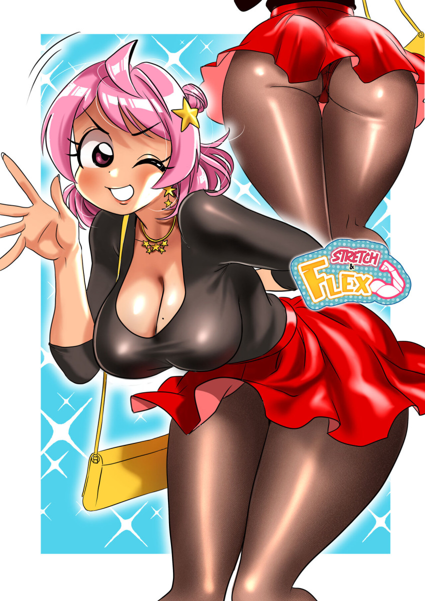 1girls ass black_pupils breasts cleavage earrings female female_only hair_bun huge_breasts mole_on_breast necklace open_mouth original original_character panties pantyhose pink_eyes pink_hair purse red_panties ruby_(sasatseng) sasatseng solo solo_female thick_thighs waving wide_hips wink