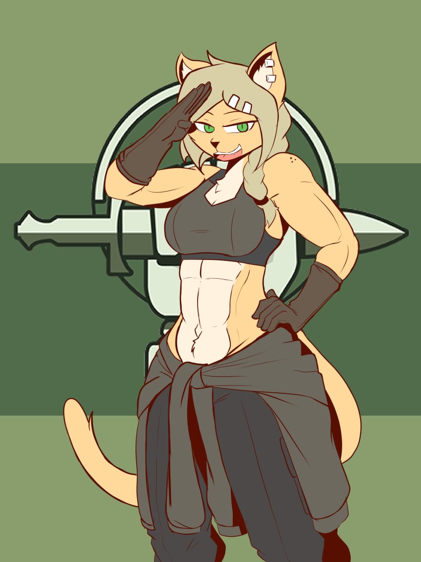 blonde_hair bra bridge_(the_man) colonial_infantry foxhole:_persistant_online_warfare furry green_eyes muscular muscular_female salute shirt_around_waist the_man