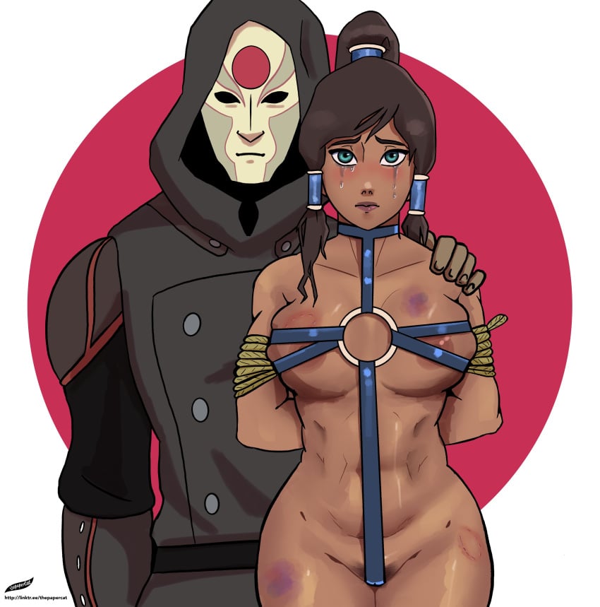 1boy 1girls alternate_version_available amon athletic athletic_female avatar_legends bondage busty clothed_male_nude_female clothing dark-skinned_female dark_skin female hourglass_figure korra male medium_breasts nickelodeon nude nude_female nudity pubic_hair smooth_skin tears the_avatar the_legend_of_korra thepapercat tied_up water_tribe wide_hips