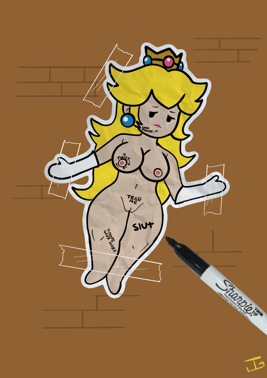 big_breasts blonde_hair body_writing bondage mario_(series) paper_mario paper_peach princess_peach sharpie tape tears