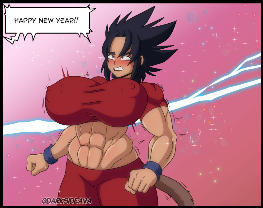 anelin_(darksideava) avalewds breast_expansion comic dark-skinned_female dark_skin darksideava dragon_ball female female_only growth monkey_tail original original_character saiyan_tail shounen_jump solo_focus spiky_hair tail