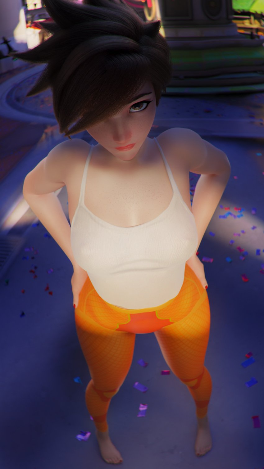 1girls 3d athletic_female barefoot blizzard_entertainment breasts female female_only high_resolution highres human leggings light-skinned_female light_skin looking_at_viewer overwatch overwatch_2 pale-skinned_female pale_skin red_toenails solo tight_clothing tracer yeero