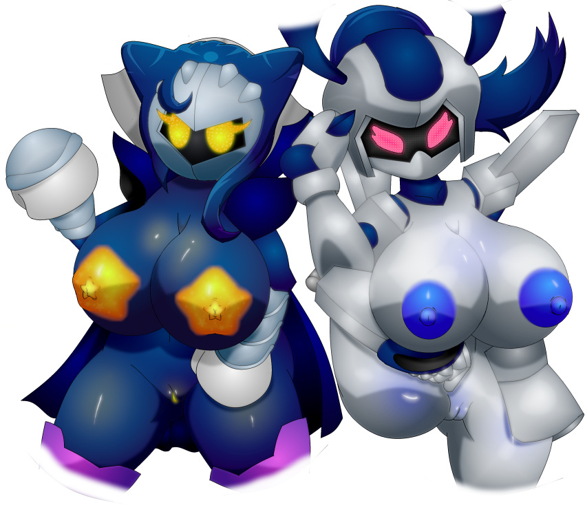 absurd_res armor breasts cape clothing duo espyaspect exposed_breasts female genitals gloves glowing glowing_eyes glowing_genitalia glowing_nipples handwear hi_res kirby_(series) machine mask medarot meta_knight nintendo nipples robot robot_girl rokusho_(medabots) rule_63 shortstack unusual_anatomy unusual_nipples video_games