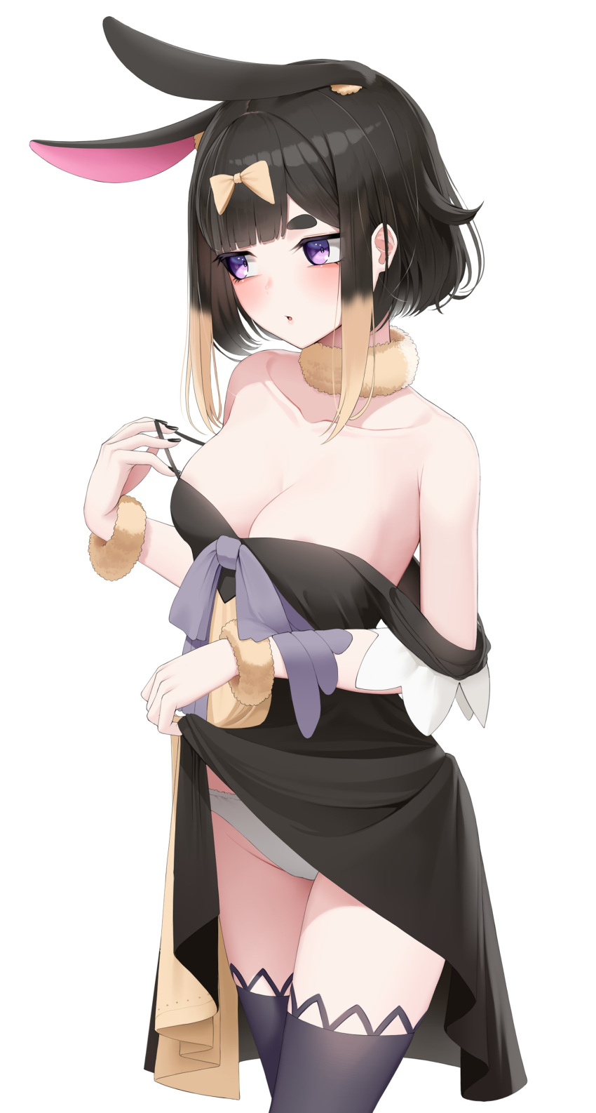 4_ears black_dress black_hair dress_lift exposed_shoulders indie_virtual_youtuber multi_ear nemusagi oppai purple_eyes rabbit_ears rabbit_girl ribbon ribbons thighhighs virtual_youtuber white_panties