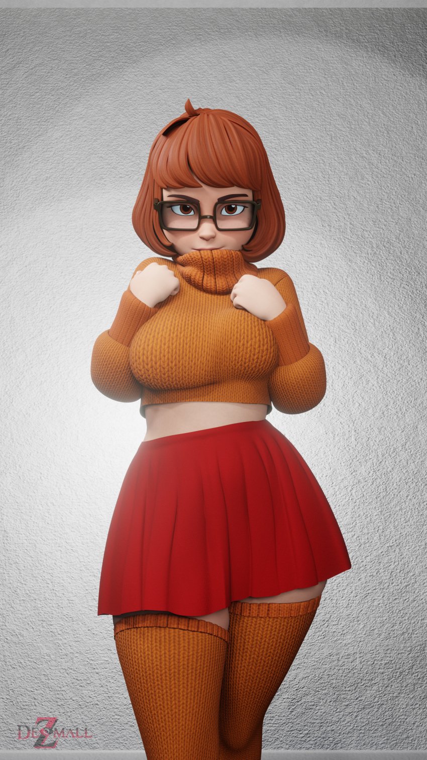 1girls 3d 3d_(artwork) big_breasts blender_(software) brown_hair clothing dezmall female female_only glasses hanna-barbera scooby-doo short_hair socks solo solo_female thighhighs velma_dinkley wide_hips