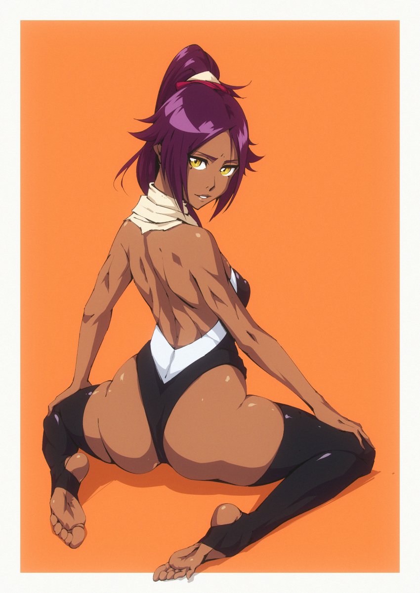 1girls ass athletic_female bleach clothed dark-skinned_female dark_skin female female_focus female_only flou high_resolution highres hips kneeling leotard looking_at_viewer looking_back muscles muscular muscular_back muscular_female purple_hair shihouin_yoruichi solo stockings wide_hips yellow_eyes