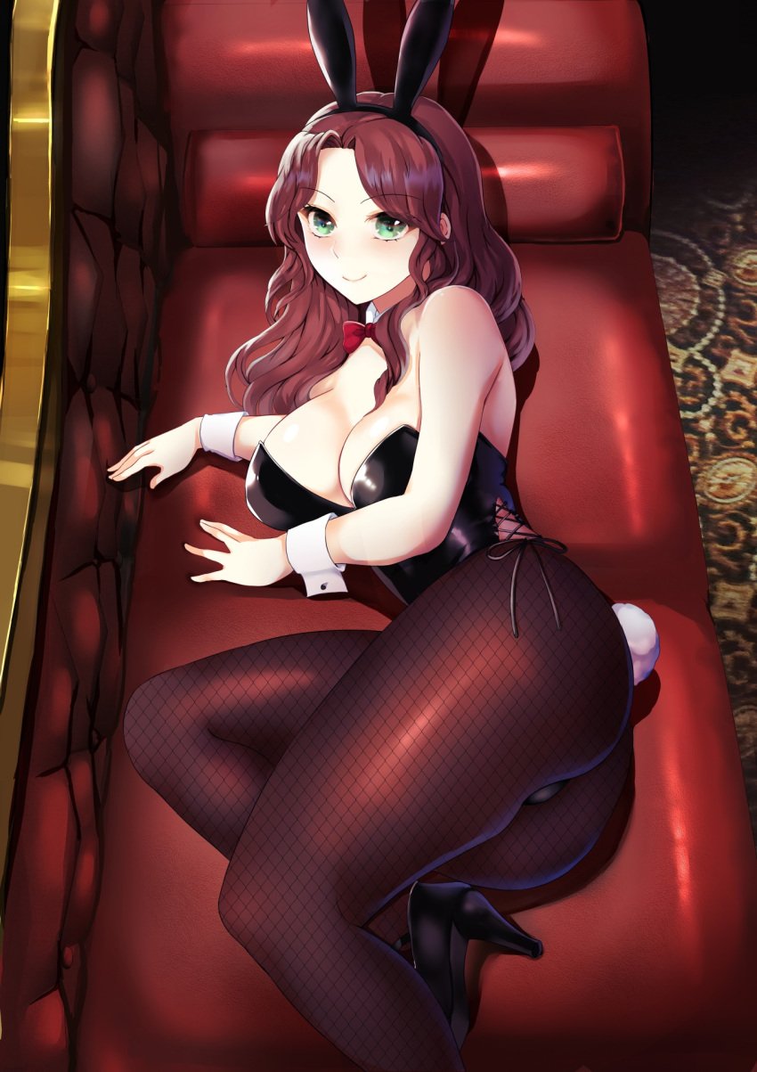 1girls alternate_costume animal_ears ass bare_shoulders black_leotard breasts brown_hair bunny_ears bunny_girl bunny_tail bunnysuit carpet cleavage couch dorothea_arnault fake_animal_ears female female_only fire_emblem fire_emblem:_three_houses fishnet_legwear fishnets forehead from_above green_eyes high_heels highres large_ass large_breasts leotard long_hair looking_at_viewer lying nintendo on_couch on_side pantyhose playboy_bunny rabbit_ears rabbit_tail smile solo tail tara_(szzj7733) thick_thighs wrist_cuffs