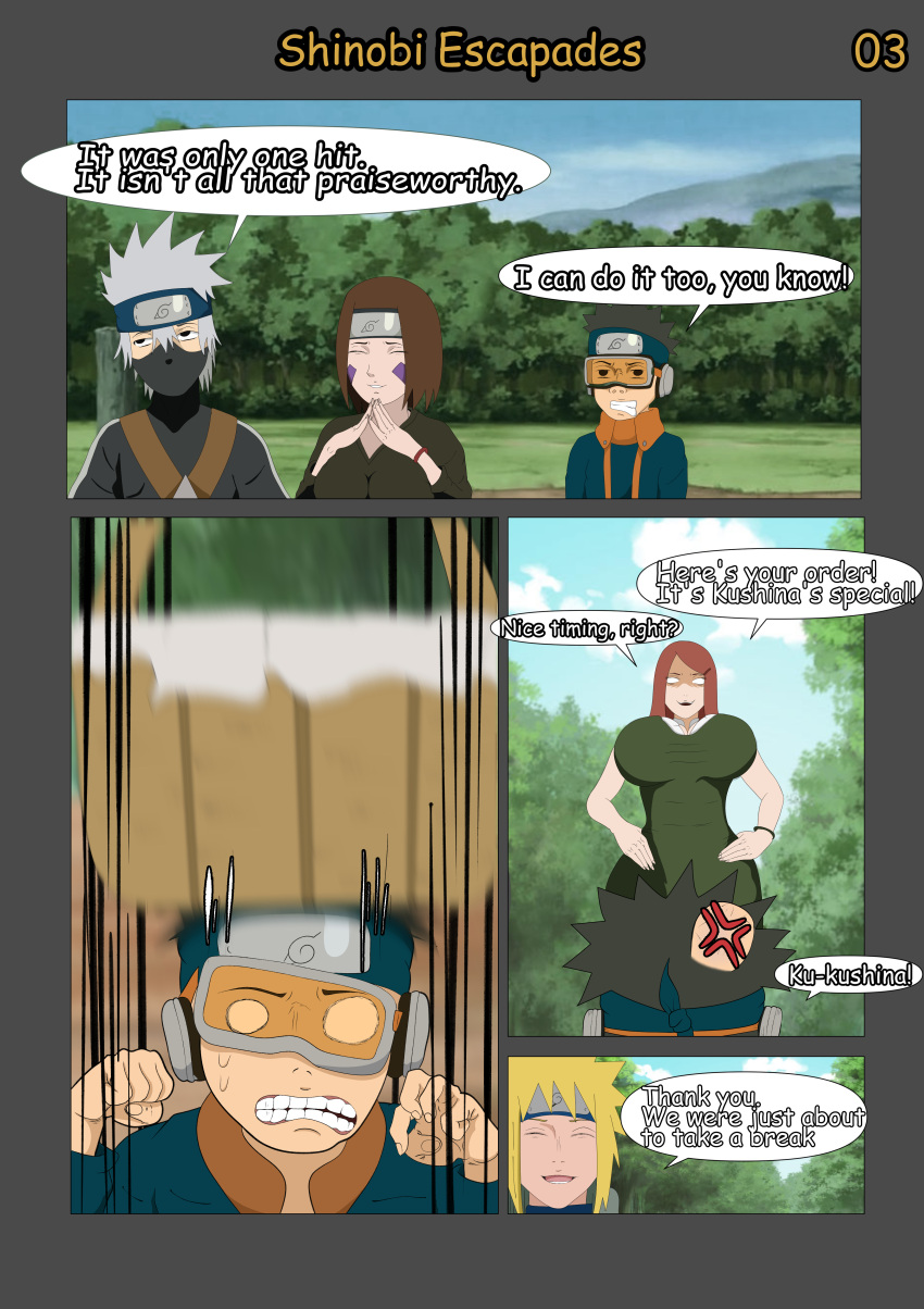 comic dialogue english_text erogakure female fully_clothed hatake_kakashi namikaze_minato naruto naruto_(series) naruto_shippuden nohara_rin page_3 speech_bubble story text uchiha_obito uzumaki_kushina