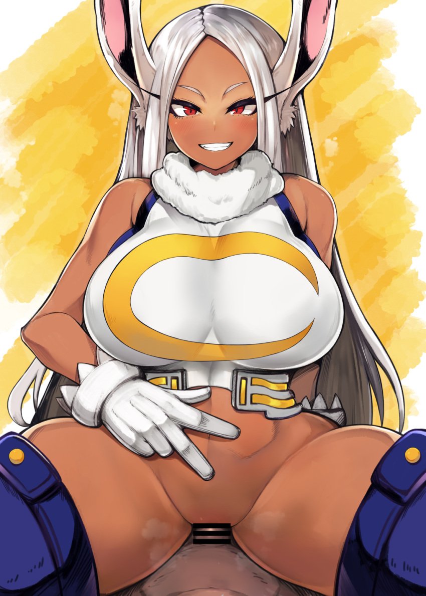 1girls big_breasts breasts bunny_ears censor_bar censored eye_contact female female_on_top gloves hiiro_h long_hair looking_at_viewer miruko my_hero_academia penis red_eyes rumi_usagiyama sex vaginal_penetration vaginal_sex white_hair