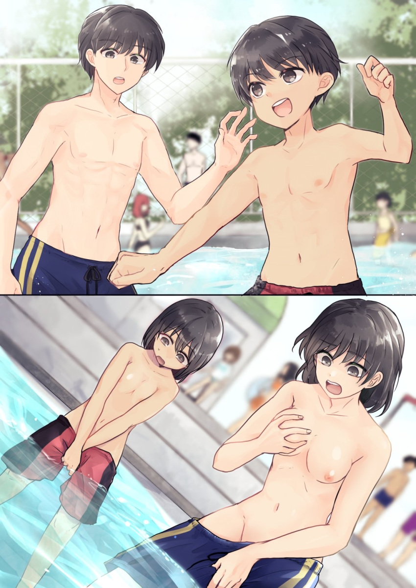 2boys 2girls black_eyes black_hair breasts brothers commentary_request embarrassed gender_transformation genderswap_(mtf) highres male_swimwear medium_breasts medium_hair multiple_boys multiple_girls navel original pool rule_63 short_hair siblings sisters surprised swim_trunks totoyasu_tsp transformation