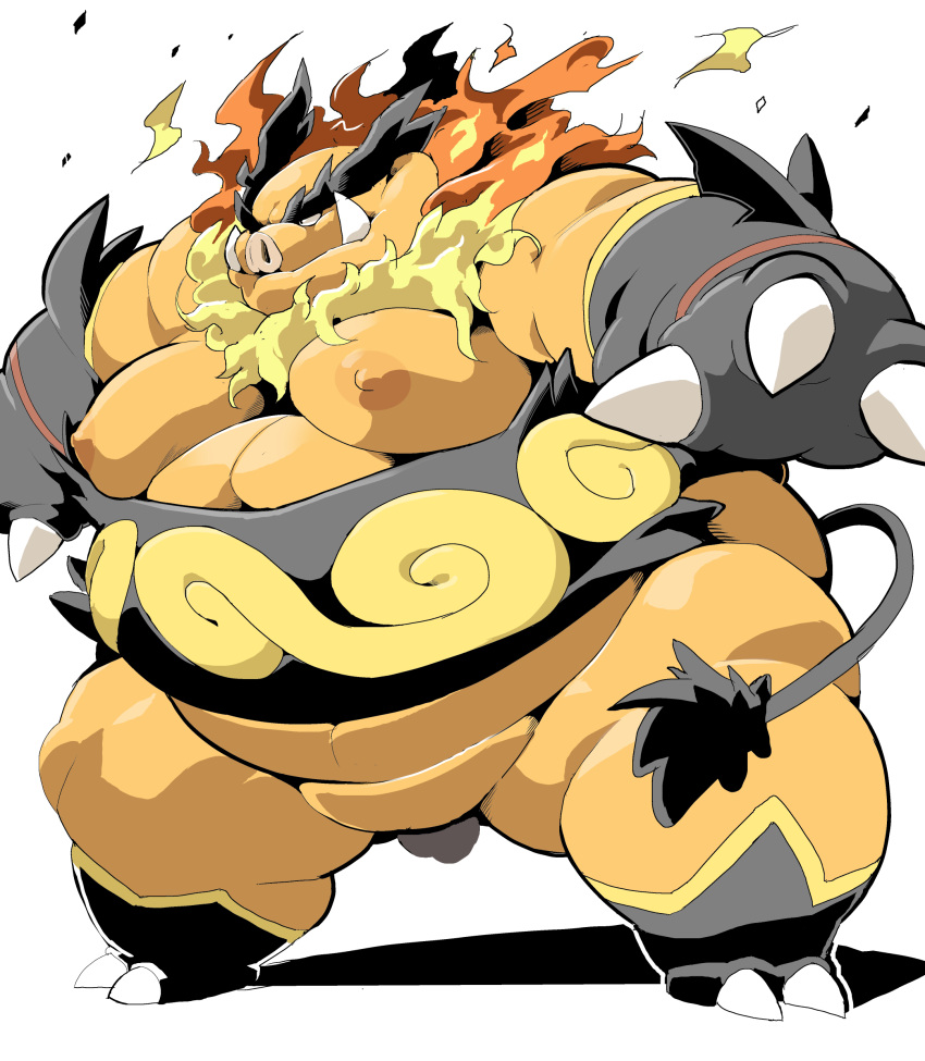 2022 absurd_res anthro balls belly big_belly biped censored emboar genitals hi_res kemono male moobs nintendo nipples obese obese_male orange_body overweight overweight_male pokémon_(species) pokemon sigenoya simple_background solo takotyutyu video_games white_background