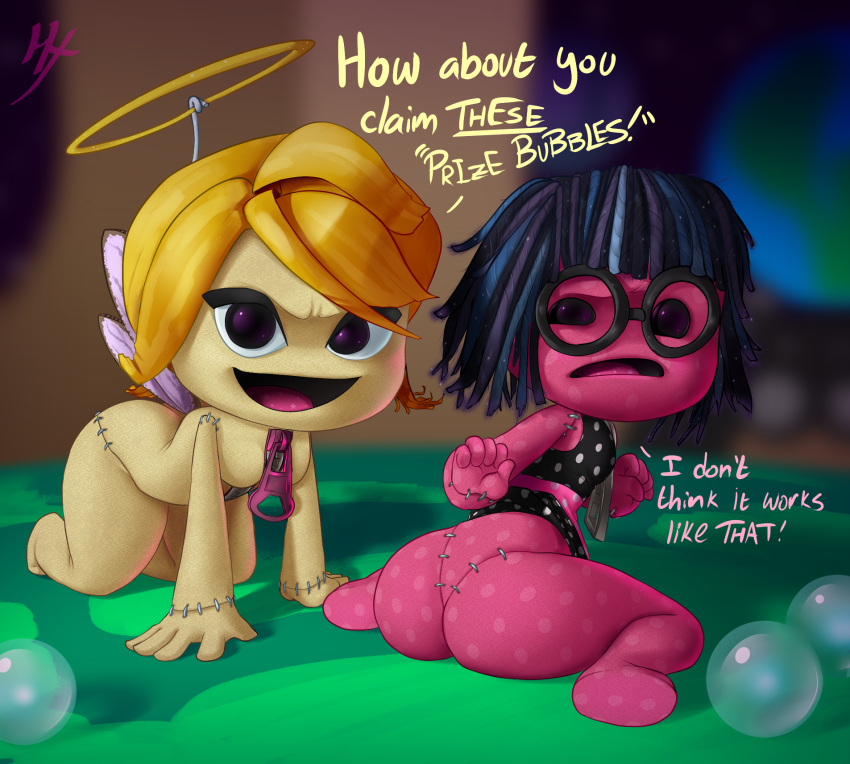 2girls anthro ass halo hexanne littlebigplanet multiple_girls purple_hair sackboy sackgirl text yellow_hair