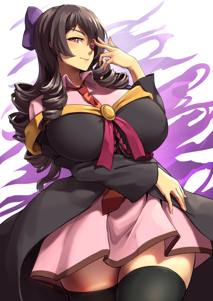 arue_(konosuba) black_hair black_legwear breasts cloak closed_mouth cowboy_shot drill_hair eyepatch female hand_up highres huge_breasts kono_subarashii_sekai_ni_shukufuku_wo! long_hair looking_at_viewer necktie packge red_eyes skirt solo striped striped_necktie striped_neckwear thick_thighs thighhighs thighs wing_collar zettai_ryouiki