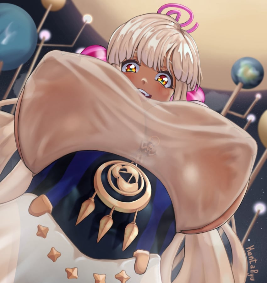 big_breasts breasts dark-skinned_female dark_skin female female_only giantess hololive hololive_english hololive_english_-council- hololive_myth huge_breasts kentaryu looking_down ninomae_ina'nis planet see-through_clothing tsukumo_sana virtual_youtuber