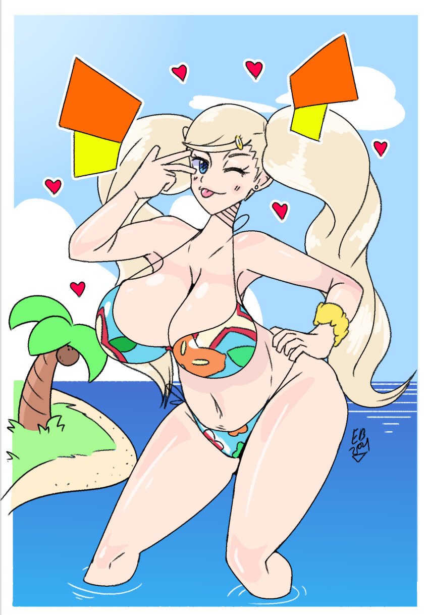 1girls alternate_background alternate_version_available ann_takamaki atlus big_breasts bikini bikini_bottom bikini_top blonde_hair blue_eyes blush breasts cleavage curvy easybee female female_only hand_on_hip heart hips legs light-skinned_female light_skin palm_tree peace_sign persona persona_5 posing solo solo_female thighs tongue tongue_out twintails wide_hips wink winking