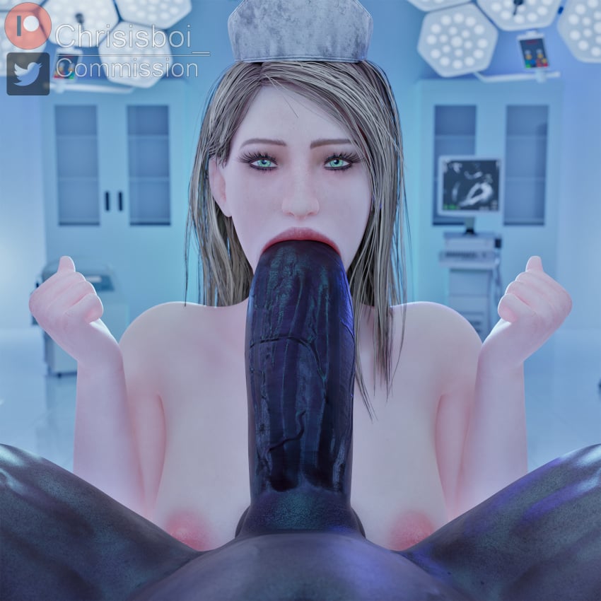 1boy 1girls 3d 3d_(artwork) blonde_hair blowjob chrisisboi_ dark-skinned_male deepthroat_mark eye_contact fellatio green_eyes hands-free huge_cock interracial lisa_garland nun oral oral_sex partial_male pov saliva saliva_trail silent_hill