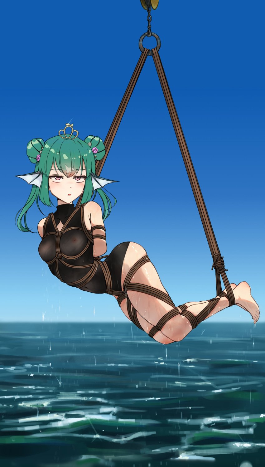 bondage caught crown finana_ryugu finana_ryugu_(2nd_costume) fish_girl green_hair nijisanji nijisanji_en sea see-through_clothing virtual_youtuber