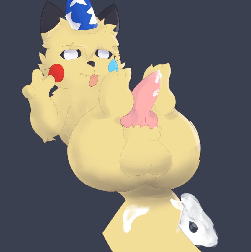 absurd_res balls beeb bodily_fluids clothing coalava cum cum_on_ground cum_on_penis cum_on_tail erection feral fur furry furry_only genital_fluids genitals gesture hat headgear headwear hi_res knot male male_only nintendo party_hat penis pikachu pokémon_(species) pokemon pokemon_only simple_background solo tail tongue tongue_out v_sign video_games