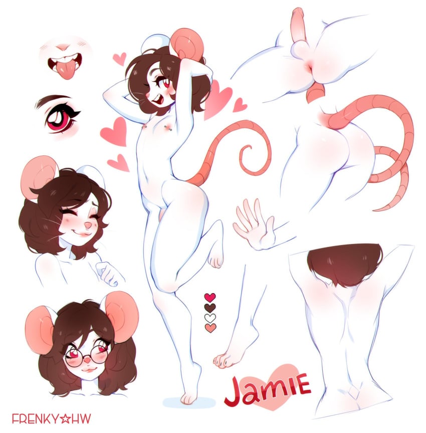 anthro anus balls barbell_piercing blush brown_hair cute_bum erection eyewear femboy frenky_hw fur genitals girly glasses hair heart hi_res jamie_(tunafinch) long_tail male mammal model_sheet mouse murid murine nipple_piercing nipples nude open_mouth penis pierced_nipples piercing pink_ears pink_nipples pink_nose red_eyes rodent simple_background smile solo tongue tongue_out white_background white_body white_fur