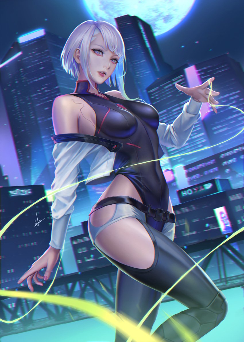 1girls big_ass cd_projekt_red cyberpunk:_edgerunners cyberpunk_2077 female female_only light-skinned_female lucyna_kushinada medium_breasts monowire netflix nibelart open_clothes open_jacket solo solo_female string studio_trigger thick_thighs