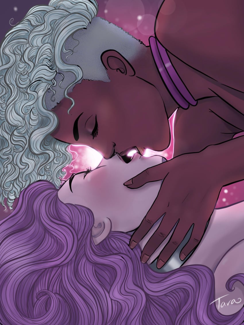 2girls artist_name blush candycornsnake canon_couple choker closed_eyes couple dark-skinned_female dark_skin female female/female female_focus female_only hi_res kissing long_hair netossa pink_choker pink_hair pink_skin she-ra_and_the_princesses_of_power spinnerella topless topless_female undercut watermark white_hair wife_and_wife yuri