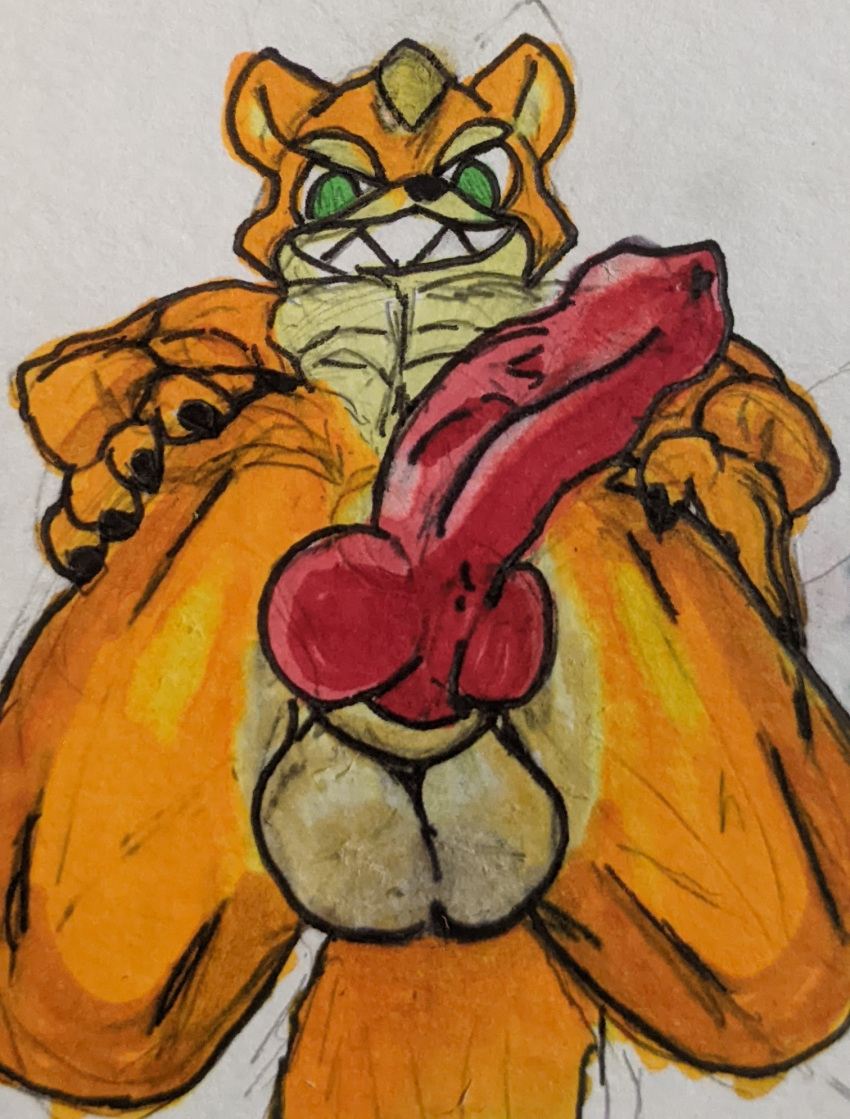 animal_genitalia animal_penis anthro big_penis bottom_view canid canine canine_penis dominant dominant_male fox fox_mccloud fur genitals green_eyes hi_res hoodieguy intimidation knot looking_at_viewer looking_down male mammal marker_(artwork) muscular muscular_male nintendo orange_body orange_fur penis smile solo star_fox traditional_media_(artwork) video_games