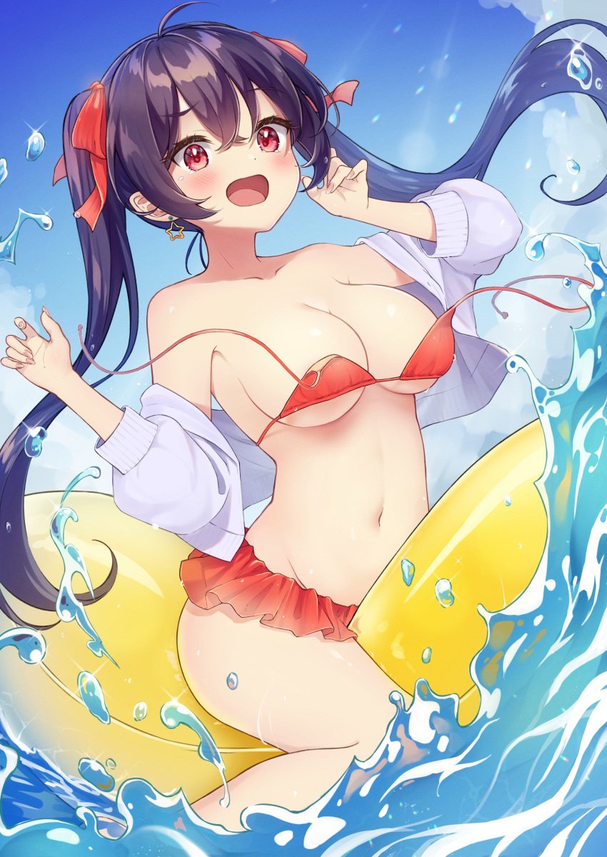 absurdres bikini black_hair blue_sky breasts cloud commentary_request day earrings female female fingernails hair_between_eyes hair_ribbon hands_up highres jewelry kodama_(koda_mat) long_hair medium_breasts moe2021 navel open_mouth original outdoors red_bikini red_eyes red_ribbon ribbon sky solo star_(symbol) star_earrings swimsuit twintails wardrobe_malfunction water