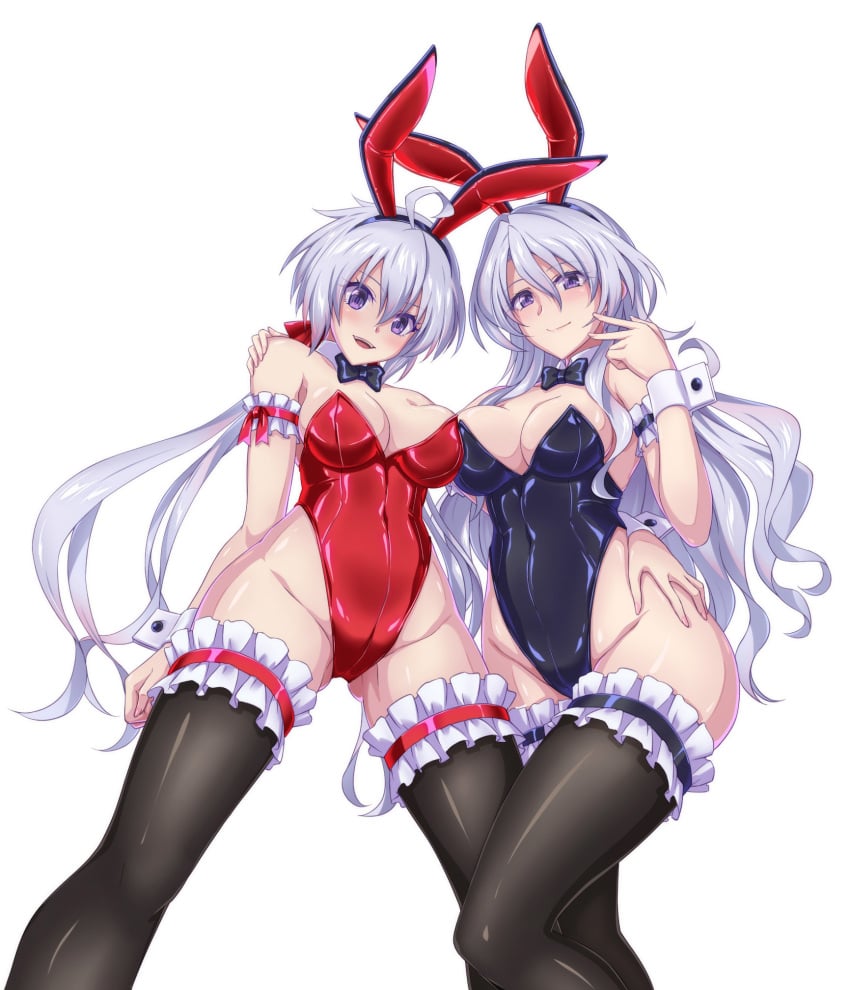 2girls ahoge animal_ears armband asymmetrical_docking black_bow black_bowtie black_legwear black_leotard bow bowtie breast_press breasts cosplay cowboy_shot detached_collar fake_animal_ears feet_out_of_frame frilled_legwear from_below highres leotard light_purple_hair looking_at_viewer low_twintails medium_breasts mother_and_daughter multiple_girls playboy_bunny purple_eyes rabbit_ears rabbit_tail red_leotard ribimura senki_zesshou_symphogear simple_background sonnet_m._yukine sonnet_m._yukine_(cosplay) standing strapless strapless_leotard tail thighhighs twintails white_background wrist_cuffs yukine_chris yukine_chris_(cosplay)