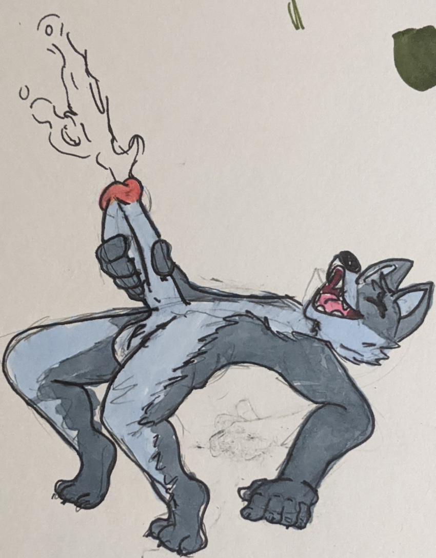 anthro arched_back blue_body blue_fur bodily_fluids canid canine cum cumshot ejaculation fox freeze_frame fur genital_fluids grey_body grey_fur hi_res hoodieguy humanoid looking_pleasured male mammal marker_(artwork) masturbation solo traditional_media_(artwork)