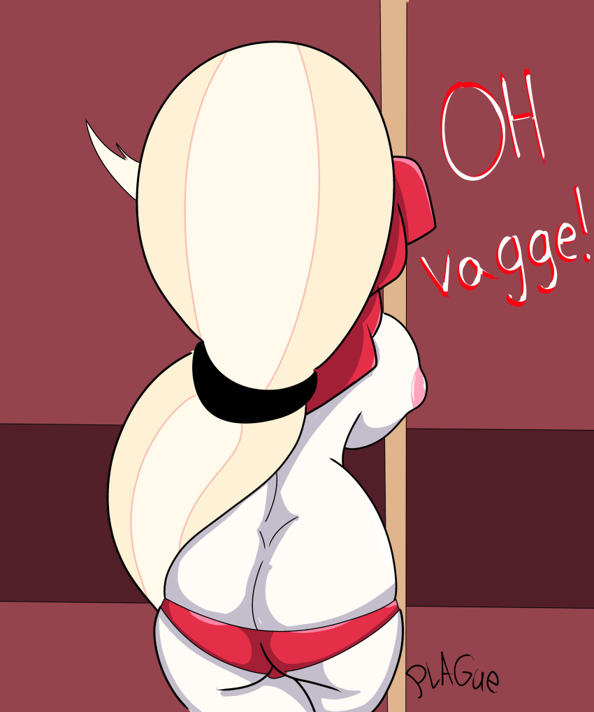 1girls ass blonde_hair charlie_morningstar_(hazbin_hotel) demon demon_girl dialogue english_text from_behind hazbin_hotel huge_ass long_hair nipples pale-skinned_female pole_dancing sideboob solo solo_female theplagueart typo vivienne_medrano white_skin