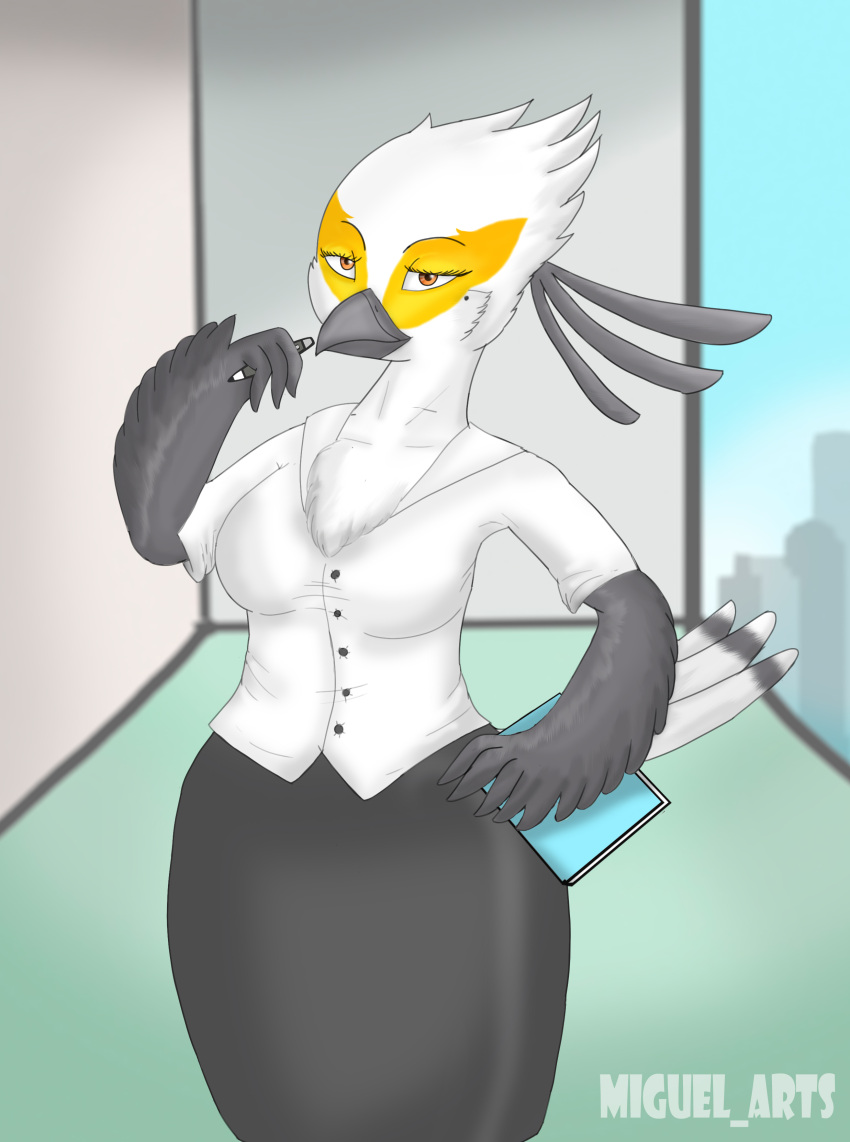 aggressive_retsuko aggretsuko avian beak closed_eyes non-mammal_breasts office_clothing office_lady sanrio secretary_bird secretary_washimi shirt straight_hair washimi white_fur