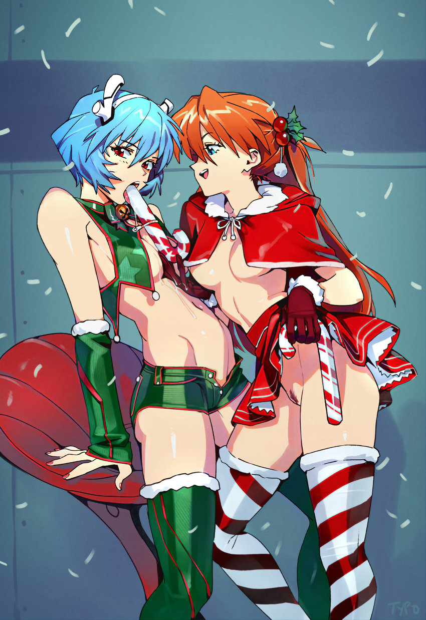 2girls asuka_langley_sohryu balllicka blowjob blue_eyes blue_hair booty_shorts breasts candy_cane capelet christmas christmas_outfit clothing drool drooling female female_only human lesbian light-skinned_female light_skin long_hair looking_at_viewer mistletoe multiple_girls neon_genesis_evangelion no_bra no_panties no_panties_under_skirt nopan nude nude_female optionaltypo oral orange_hair pale-skinned_female pale_skin partially_clothed pubic_hair pussy red_eyes red_hair rei_ayanami short_hair short_skirt shorts skirt skirt_lift small_breasts stockings striped_legwear sucking thighhighs underboob yuri