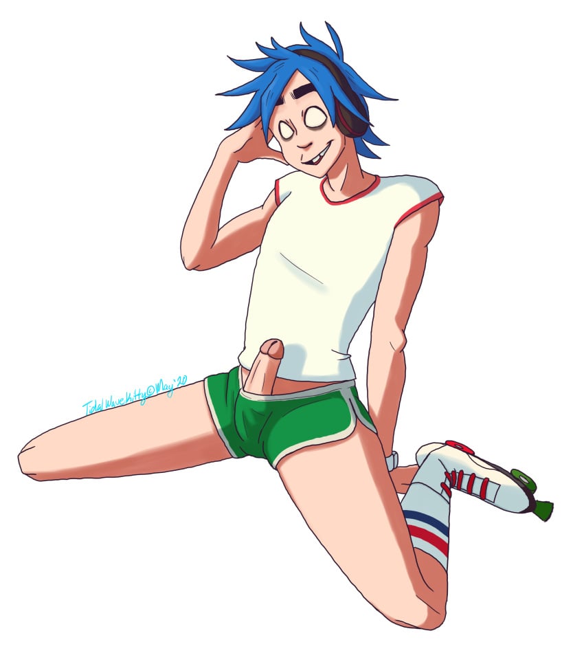 2d_(gorillaz) artist_signature bakageyama booty_shorts dolphin_shorts erect_penis erection erection_under_clothes gorillaz green_shorts hand_on_head headphones_around_neck headphones_on_head male_only partially_visible_penis ringer_t-shirt roller_skates short_sleeves solo_male striped_legwear striped_socks thick_eyebrows transparent_background tube_socks white_eyes