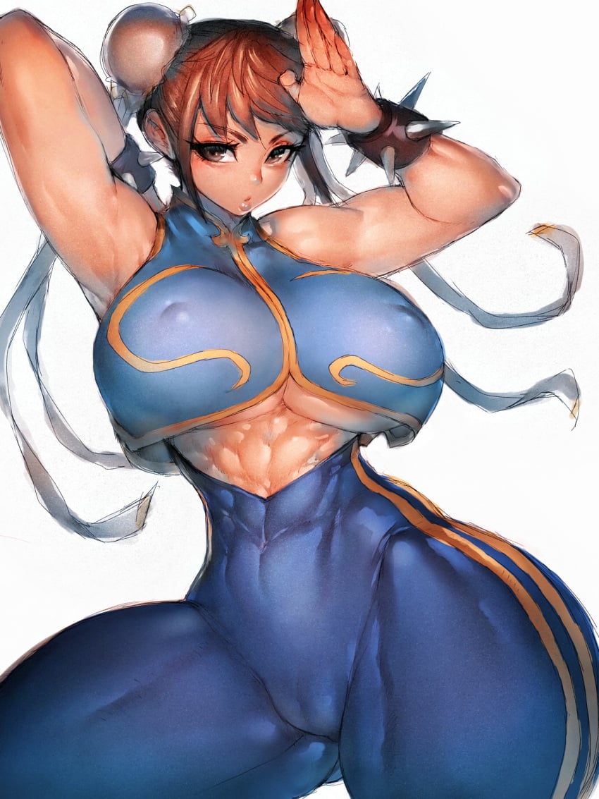 1girls bracelet breasts brown_hair capcom chun-li eyelashes female female_focus female_only fumio_(rsqkr) huge_breasts light-skinned_female light_skin looking_at_viewer mature_female muscular muscular_female navel nipple_bulge older_female pale-skinned_female pale_skin short_hair simple_background solo solo_female solo_focus street_fighter street_fighter_alpha thick_thighs toned toned_belly toned_body toned_female toned_stomach underboob wide_hips