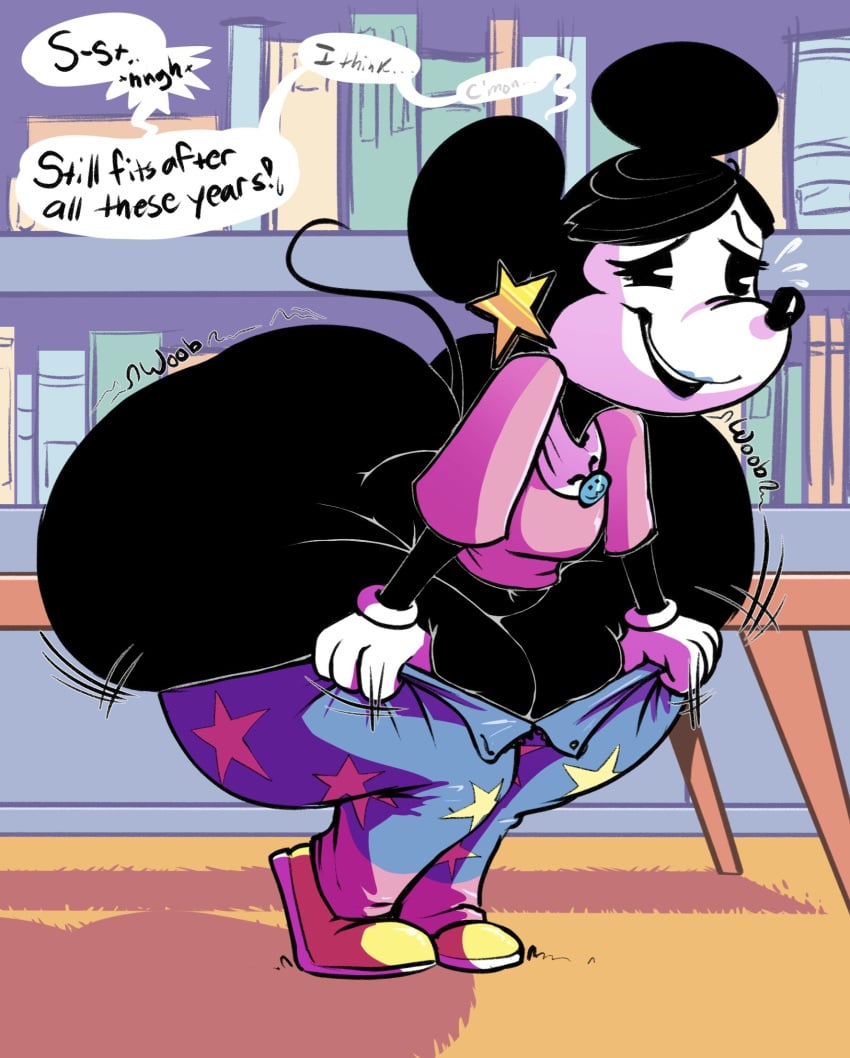 anthro ass big_ass big_butt blue_lipstick bottom_heavy butt dialogue disney earrings english_text female female_only furry gloves huge_ass huge_butt hyper_ass hyper_butt jeans minnie_mouse nsfwlk pants putting_clothes_on shirt shoes solo struggling struggling_to_fit tight_clothing what