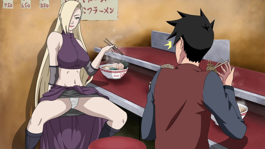 1boy 1boy1girl 1girls big_breasts blonde_hair blue_eyes bowl breasts chopsticks crop_top dinaki faceless_male food ichiraku_ramen indoors ino_yamanaka looking_at_another looking_at_partner male/female naruto naruto:_the_last naruto_(series) naruto_shippuden panties presenting presenting_panties presenting_pussy ramen restaurant seducing shamelesss sitting skirt smile tease teasing unknown_male