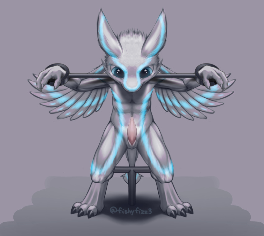 4_ears anthro avali avian blue_body blue_fur bondage bound claws cuff_(restraint) digital_media_(artwork) erection feathers fishy_fizz front_view fur furry genitals hair hi_res male male_only malesub multi_ear multicolored_hair nude penis restraints shackles shaded simple_background solo tail_feathers tapering_penis winged_arms wings