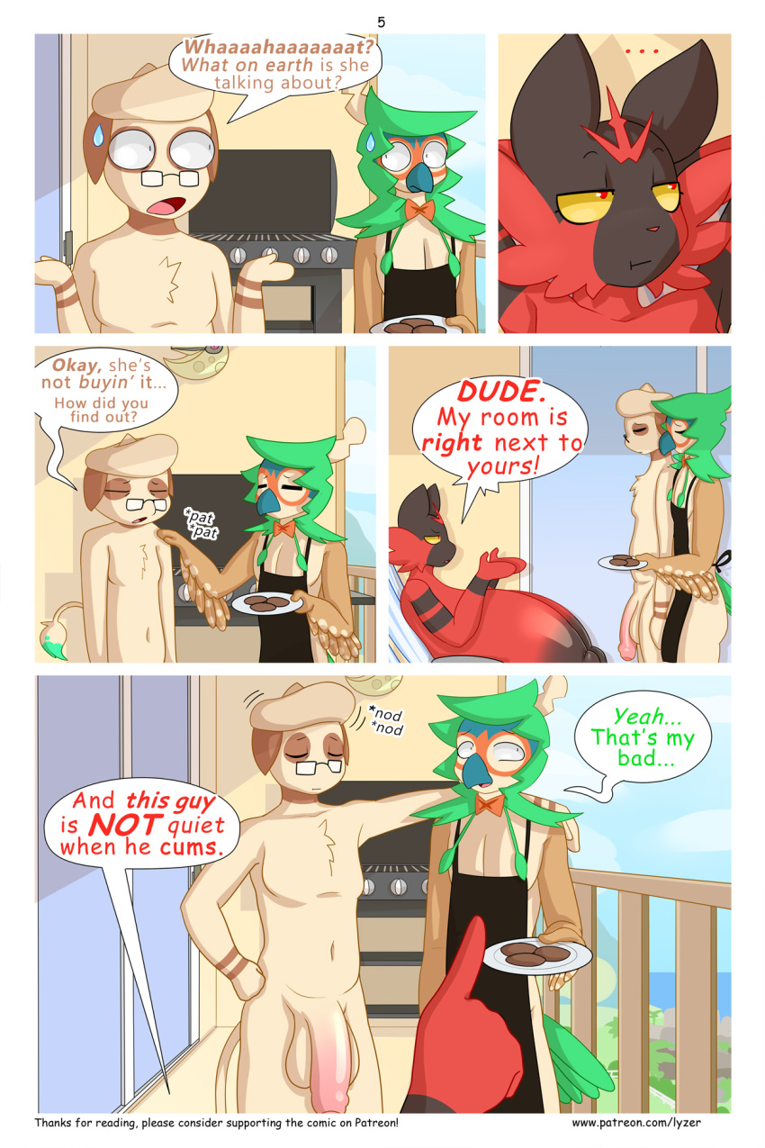 anthro apron clothing comic decidueye english_text eyewear generation_2_pokemon generation_7_pokemon genitals glasses hi_res incineroar lysergide male nintendo nude penis pokemon pokemon_(species) smeargle text