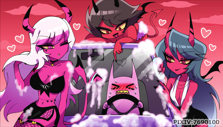 1male 3girls absurd_res artist_signature bare_shoulders beauty_mark big_breasts bikini black_fingernails blush bra breasts car car_wash car_wheel choker cleavage dark_hair demon demon_girl demon_horns demon_tail demon_wings embarrassed eyelashes female female_focus fishnet fishnet_legwear fishnet_stockings fishnets fully_clothed gray_hair heart helluva_boss hi_res horn horny kiki_(helluva_boss) laying_down lipstick milky_(helluva_boss) miniskirt necklace no_panties no_underwear one_eye_closed pink_eyes pink_hair pink_skin pixiv pose posing red_eyes red_skin revealing_clothes side_view signature sitting smiling stockings succubus tail thick_thighs thighs thin_waist topwear two_tone_hair verosika_mayday_(helluva_boss) watermark white_hair wide_hips wings