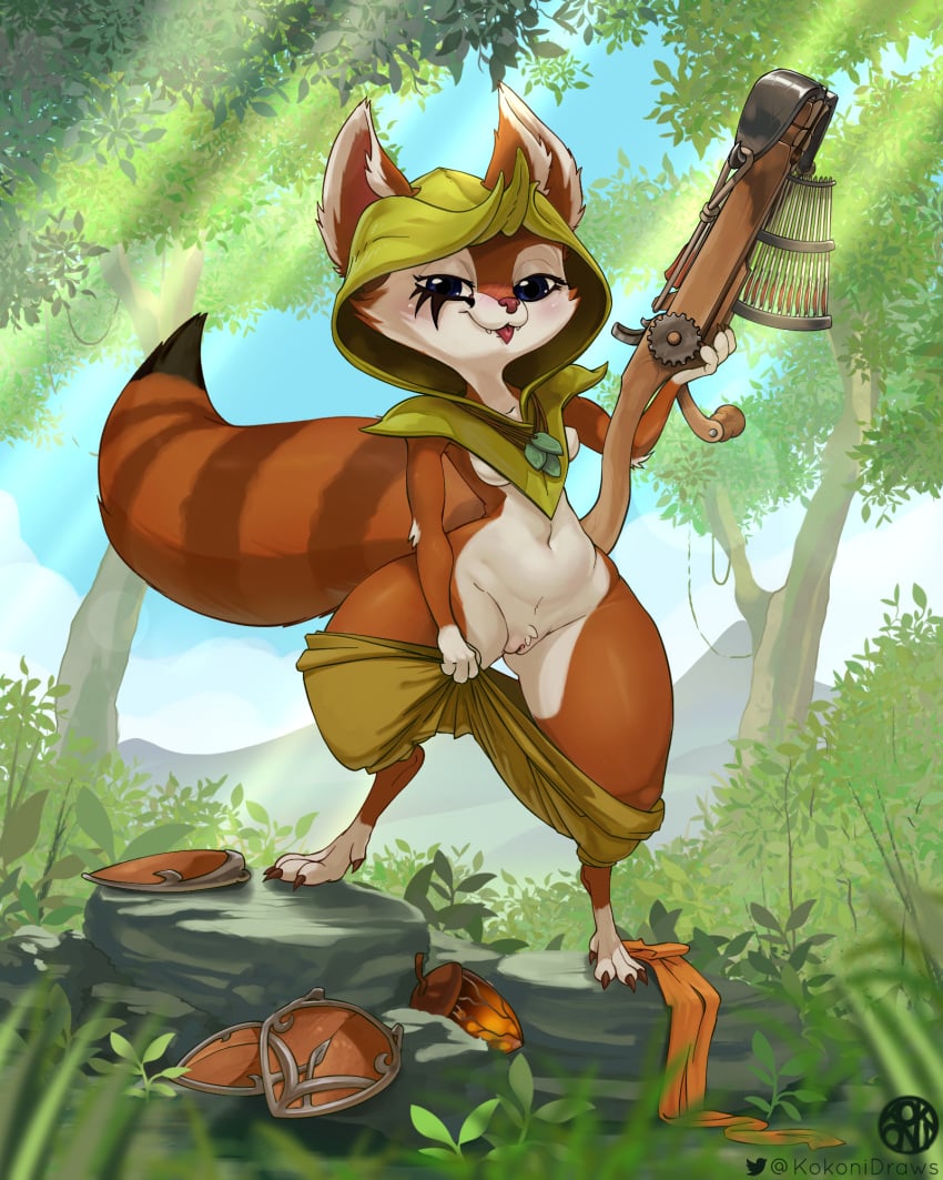 4:5 anthro black_tail_tip bottomwear bottomwear_down breasts clothed clothing crossbow detailed_background digital_media_(artwork) dirtyrenamon dota dota_2 eye_makeup female forest fur furry furry_only genitals hi_res holding_object holding_weapon hoodwink_(dota) kokoni mammal outside pants pants_down partially_clothed plant pussy ranged_weapon rodent sciurid semi-anthro shaded solo tail thick_thighs tree tree_squirrel video_games weapon wide_hips