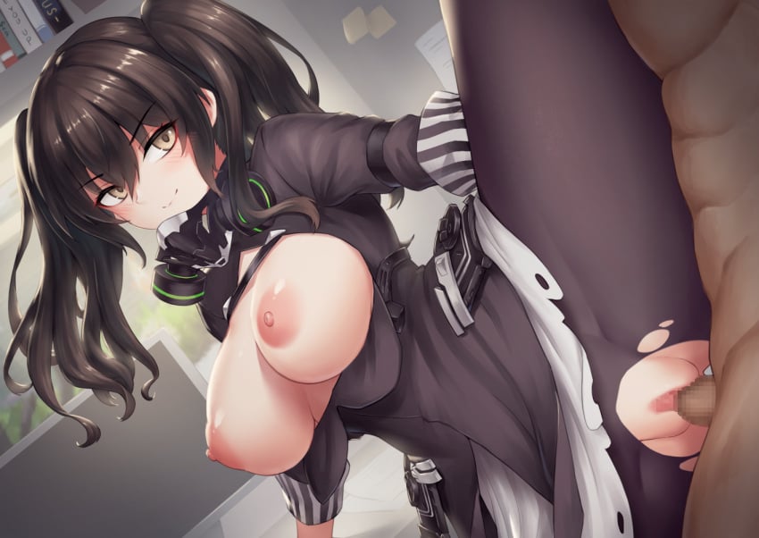 1boy big_breasts black_hair black_legwear blush breasts breasts_out censored closed_mouth commentary_request english_commentary eyebrows_visible_through_hair female girls'_frontline hair_between_eyes indoors large_breasts long_hair mask mask_around_neck mingke nipples pantyhose partial_commentary penis pussy respirator sangvis_ferri scarecrow_(girls'_frontline) sex smile solo_focus straight torn_clothes torn_legwear twintails vaginal_penetration yellow_eyes